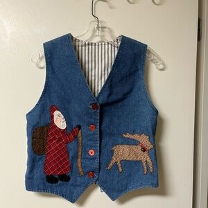 Denim Vest with Santa and Reindeer Appliqué Handmade